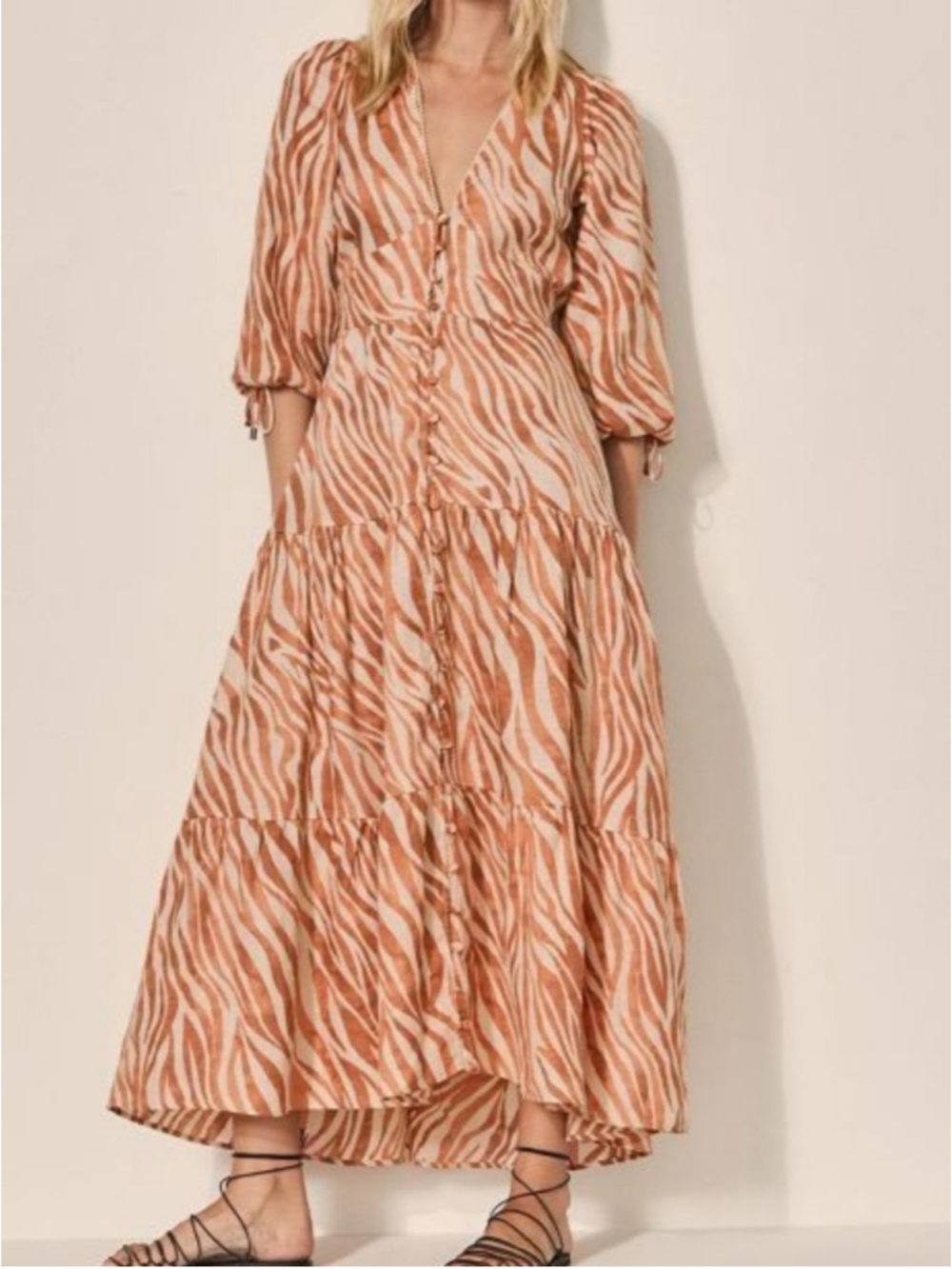Kivari Soraya Linen Tiered Maxi Dress in Watercolor Zebra Print - Size 4 (M)
